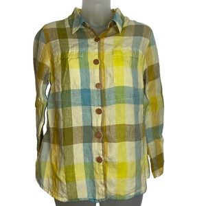 Soft Surroundings Avalon 100% linen plaid button up top